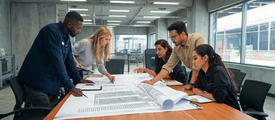 Team reviewing project drawings