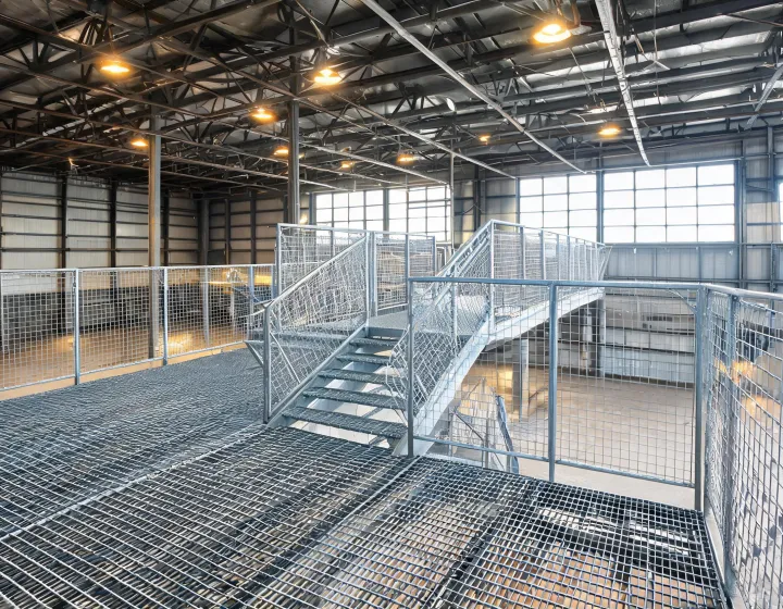 McNichols steel bar grating staged on an industrial plant mezzanine