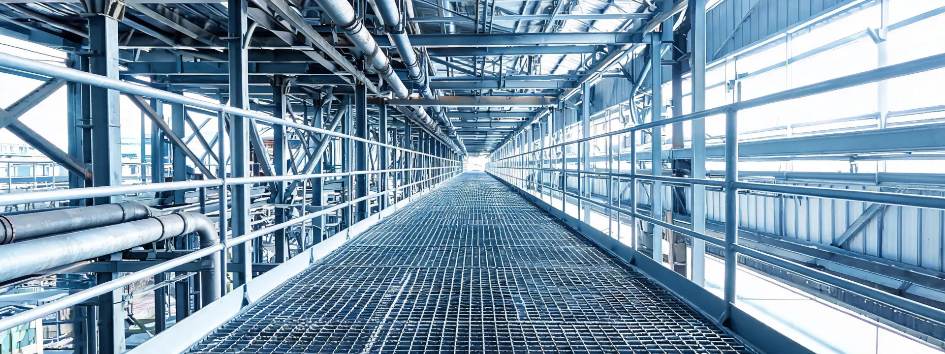 Industrial flooring grating across process plant corridors